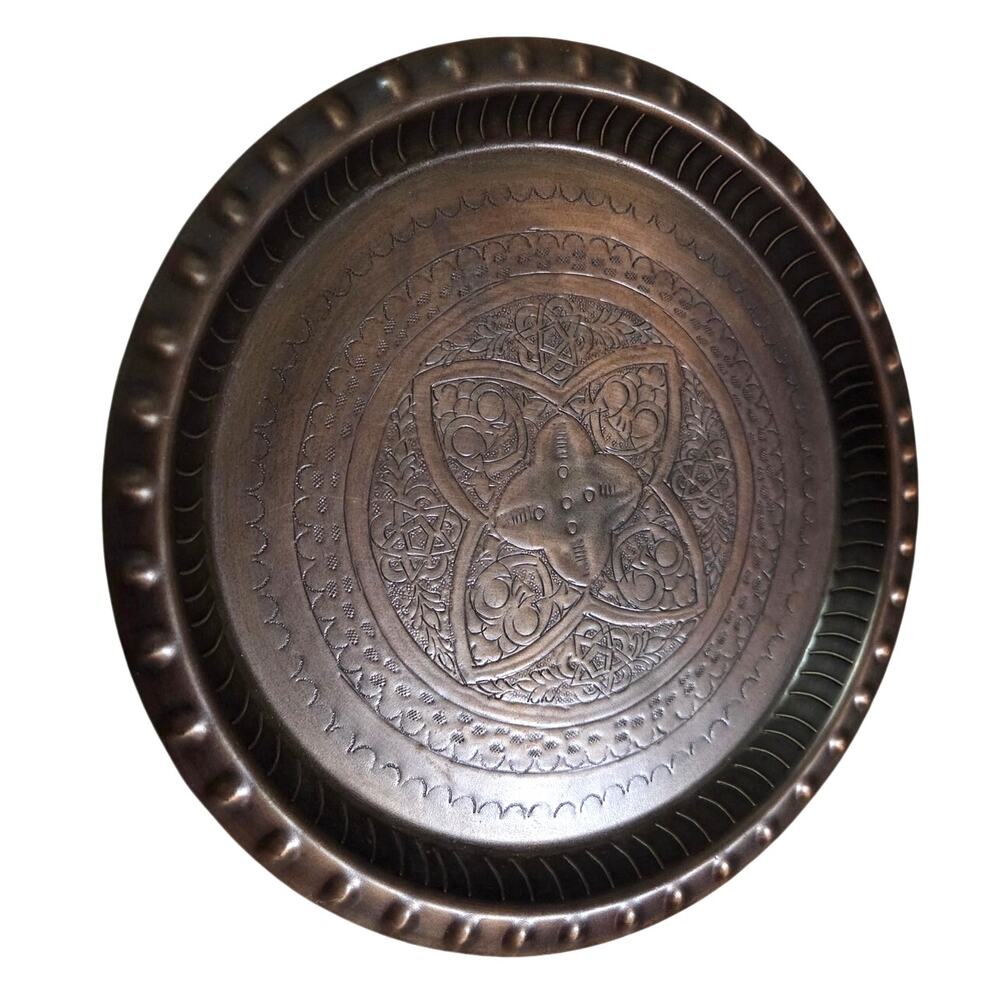 Pottery Barn Round Metal Decorative Tray Copper Type Moroccan Design 13.5"